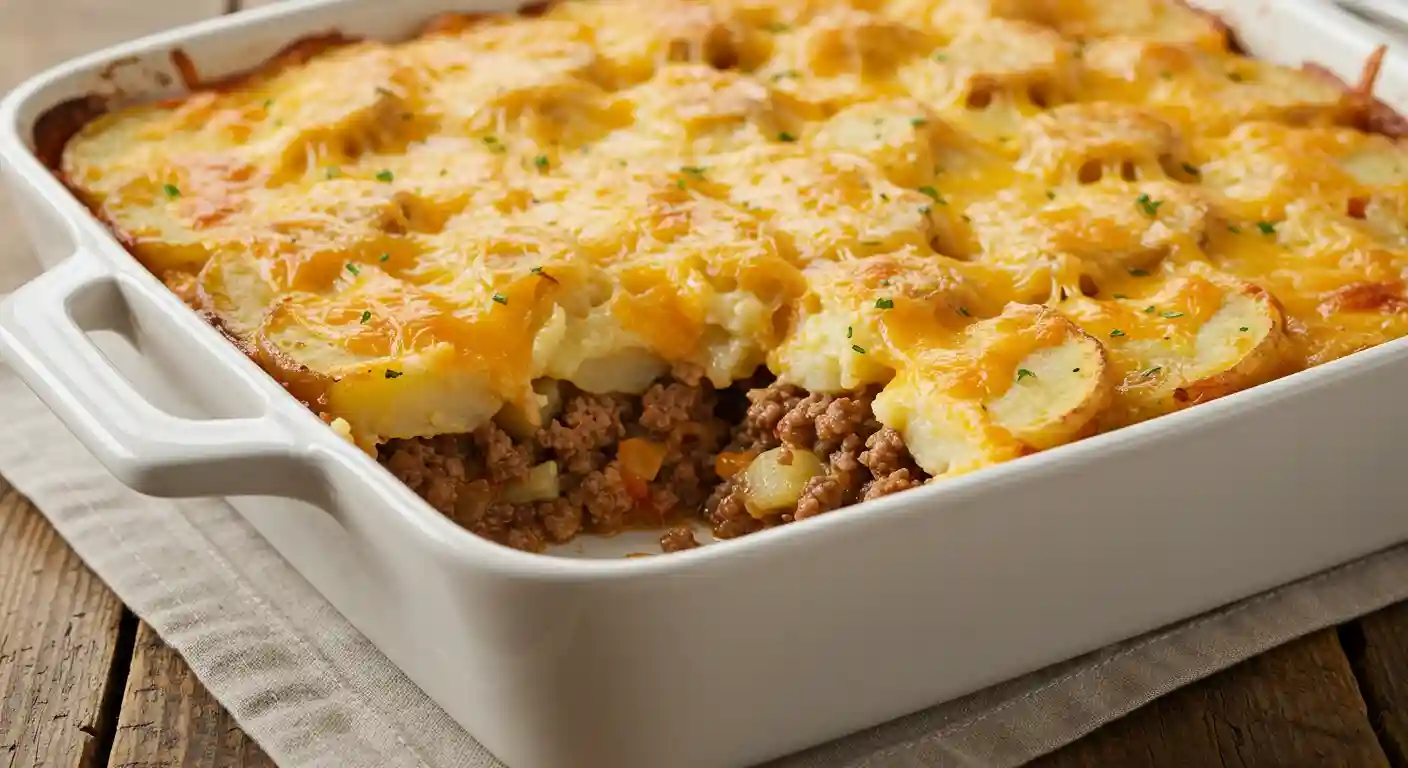 Hamburger potato casserole fresh out of the oven