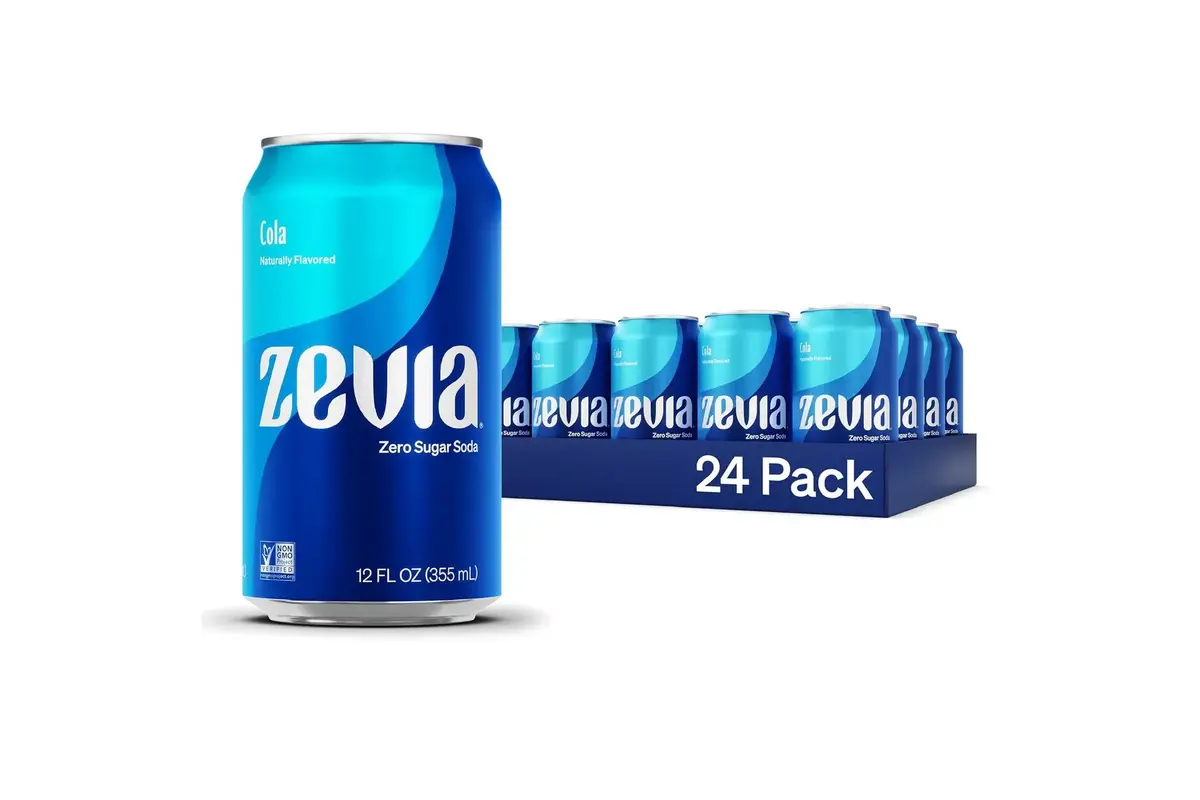 Can of Zevia Cola on a kitchen counter with natural light