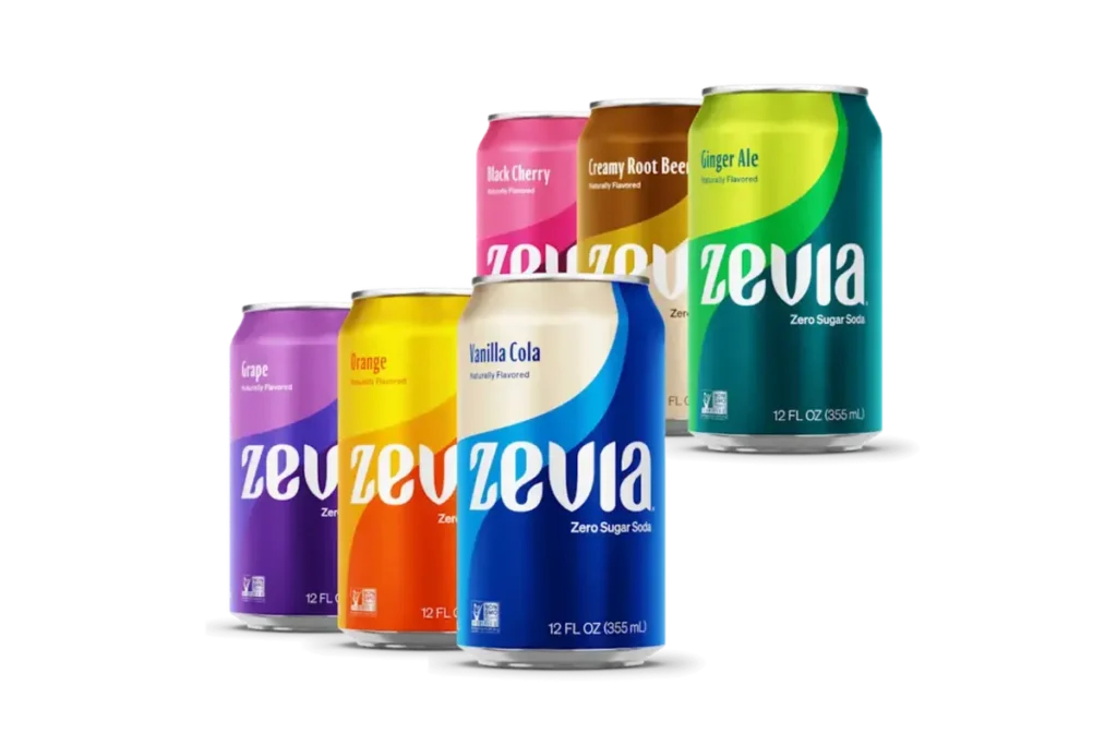 Zevia Zero Sugar can on marble countertop with stevia leaves