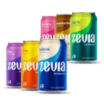 Zevia Zero Sugar can on marble countertop with stevia leaves
