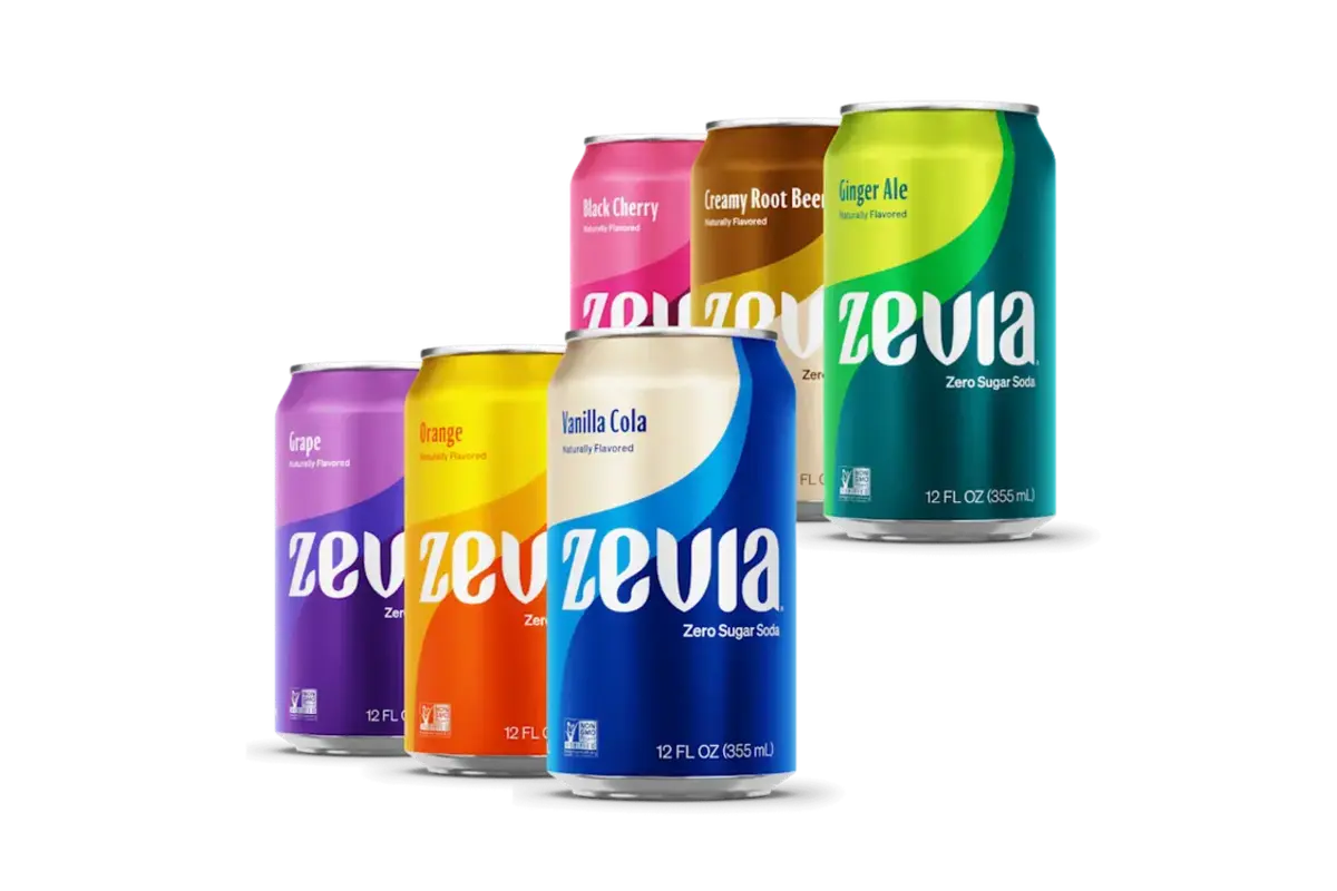 Zevia Zero Sugar can on marble countertop with stevia leaves