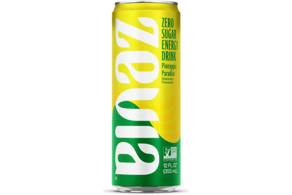 Zevia Energy Drink can on a kitchen counter with natural ingredients.